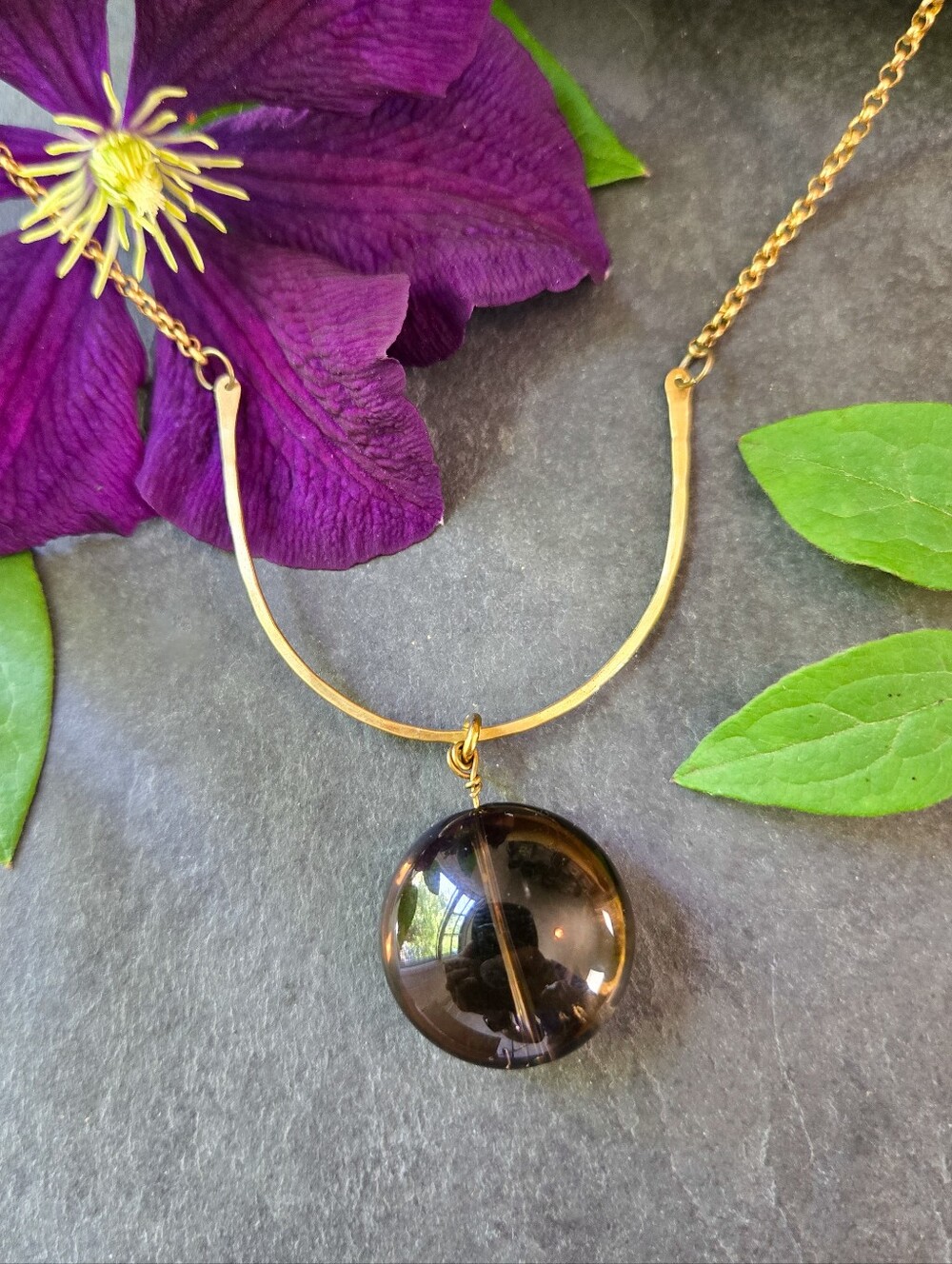 NWT Artisan-Made Smokey Quartz Brass Arc Necklace